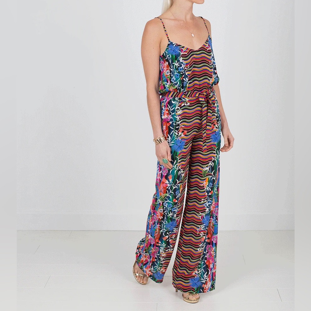 SALONI Loretta Jumpsuit in Meadow Silk Spaghetti Strap Colorful Floral